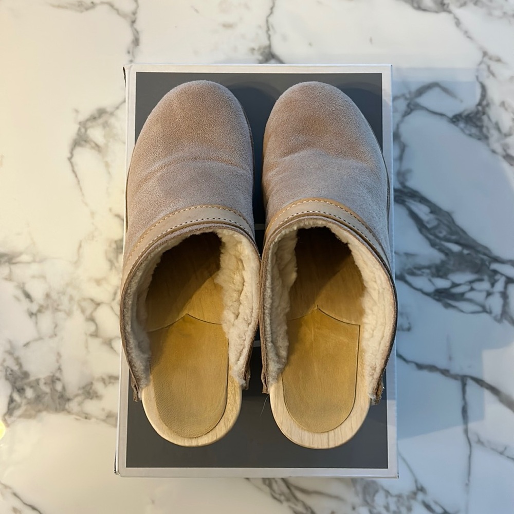 No. 6 “Dakota” Shearling Mid Heel Clog, Sz. 37, in Fawn Suede and Bone.